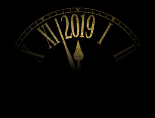 2019 New Year card with golden clock on black background
