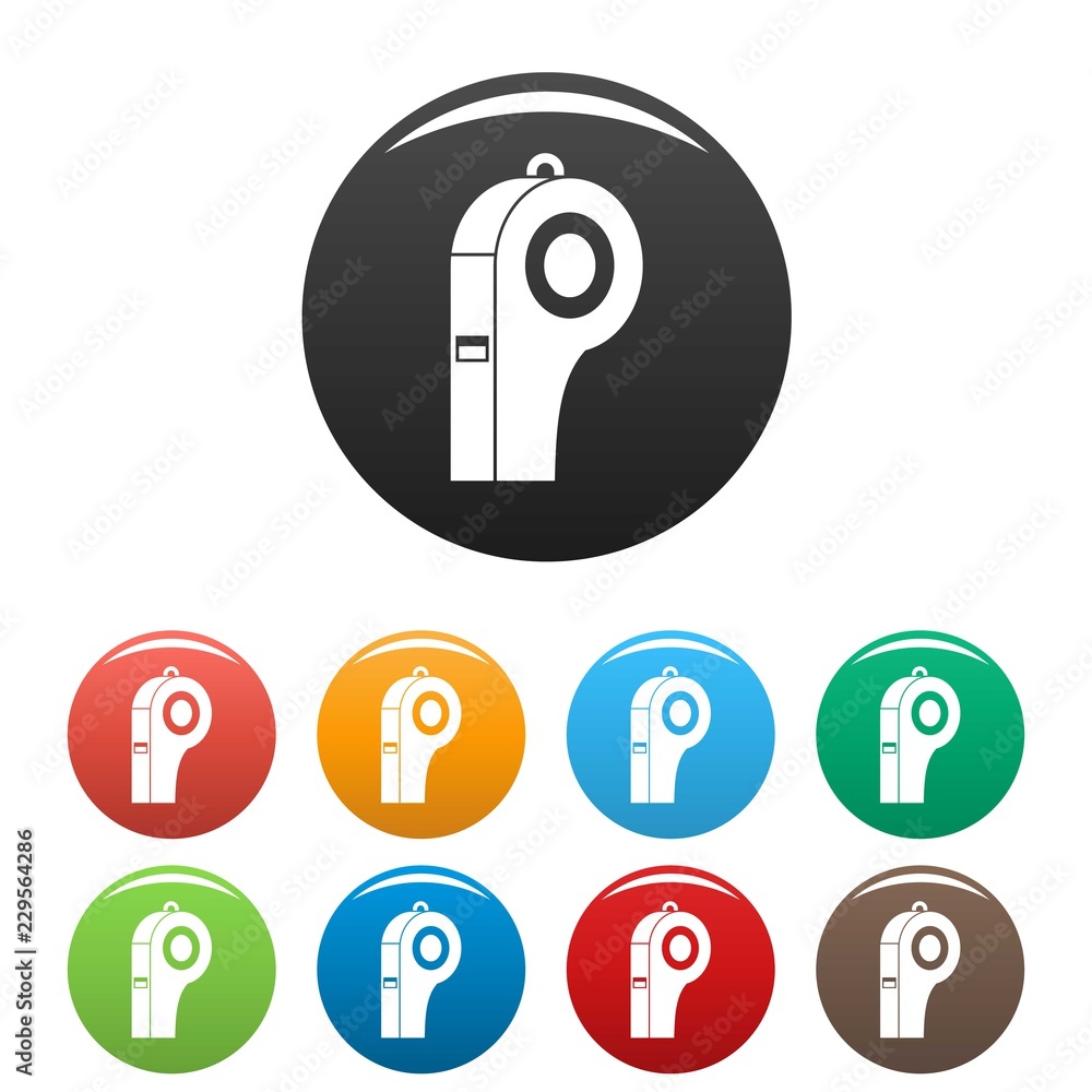Poster referee whistle icons set 9 color vector isolated on white for any design