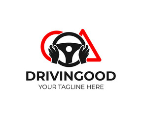 Driving school, hands on the wheel with road signs, logo design. Training, vehicle, transport and transportation, vector design and illustration