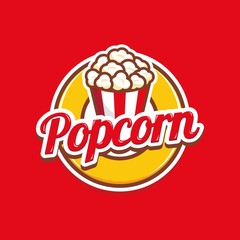 Popcorn logo badge with illustration of popcorn in bucket