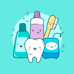 Cute dental care illustration. Cute dental care illustration. Tooth, toothbrush, toothpaste, mouth rinse, floss.