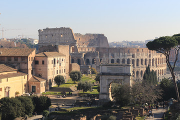 Fototapeta na wymiar Aerial view of the ancient Roman Forum with Colosseum Rome, Italy