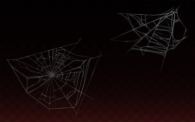 Vector collection of realistic cobweb, spider web isolated on dark background. White sticky, scary element for Halloween, horror decoration. Natural arachnid net, spooky hanging trap for insects.