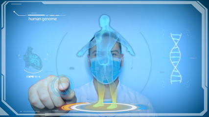 Futuristic doctor, surgeon, uses a hologram, holographic parts of the human body, heart and dna, white coat, respirator, blue background. Concept: future doctors, life, graphics, hithech, technology.