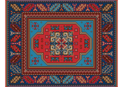 Variegated pattern of a luxury old oriental carpet with red,brown and blue shades on white background