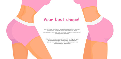 Vector illustration bodysculpt concept with place for text. Fitness girl body in pink sport clothes, women sporty butt, good shape, fitness app, bodybuilding, gym in flat cartoon style.