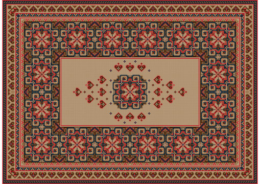  Image of a luxurious old oriental carpet with brown, beige and red patterns and ornament in the center on a beige background