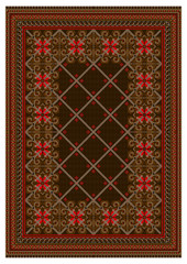 Pattern for old oriental carpet in brown and red colors with intersecting beige stripes run down the center 


