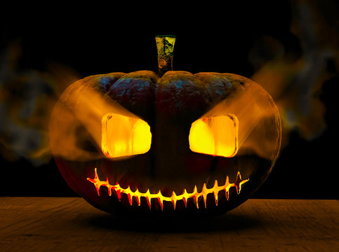 Zucca di halloween appoggiata su un tavolo di legno, 3d rendering