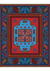 Variegated pattern of a luxury old oriental carpet with blue,brown and  red shades on white background





