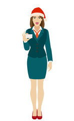 Businesswoman in Santa hat showing the business card