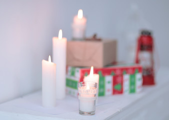 blurred image. candles and gift boxes .photo with copy space