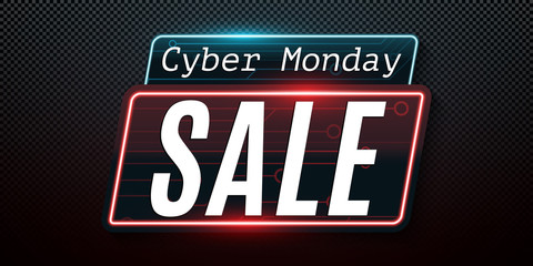 Cyber Monday. Super sale. Hi-tech glowing blue circuit board. Special offer. Web neon banner isolated on transparent dark background. Modern design. Vector illustration