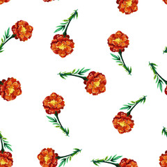 Seamless pattern of marigolds painted in watercolor.