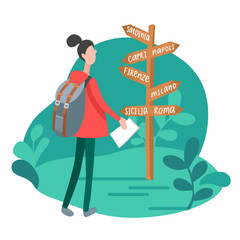 Infographics with girl at signpost in minimalist style. Vector flat illustration of woman traveling in Italy. © vladayoung