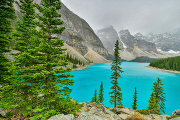 Beautiful turquoise waters of Moraine lake in Banff National Park, Alberta, Canada