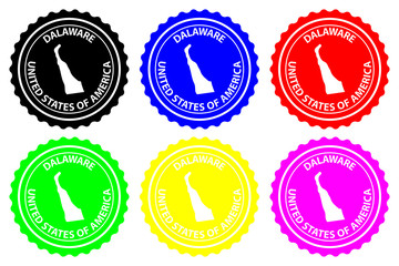 Delaware - rubber stamp - vector, Delaware (United States of America) map pattern - sticker - black, blue, green, yellow, purple and red 