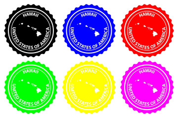 Hawaii - rubber stamp - vector, Hawaii (United States of America) map pattern - sticker - black, blue, green, yellow, purple and red 
