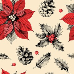 Seamless pattern with holly leaves and poinsettia