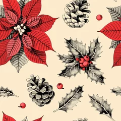 Papier Peint photo Motifs de Noël Modèle sans couture avec feuilles de houx et poinsettia