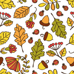 Autumn leaves, berries, branches and acorns. Seamless vector pattern (background).