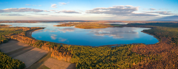 The lake Miastro in Belarus. Autumn. Drone HDR Panorama