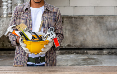Equipment of carpenter in helmet