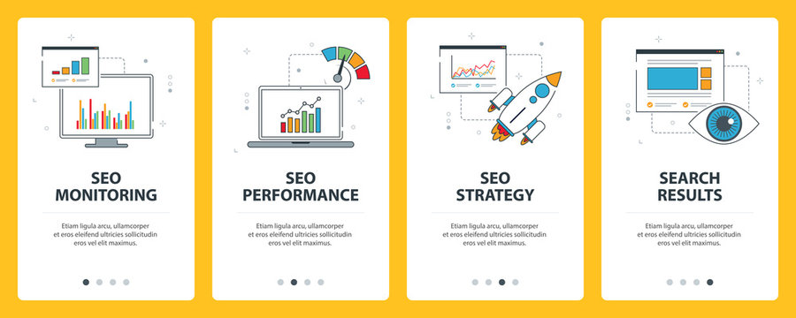 Search Engine Optimization internet banner. Vector set of banners with SEO monitoring, SEO performance, SEO strategy and search results website templates. Modern thin line flat style design. 