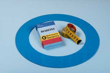 Blue circle with some Diabetes equipment do treatment the disease.