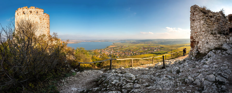 View from Castle Devicky to Pavlov, village under hill Devin and Nove Mlyny reservoirs (dam), Palava, Mikulov region, South Moravia, Czech Republic