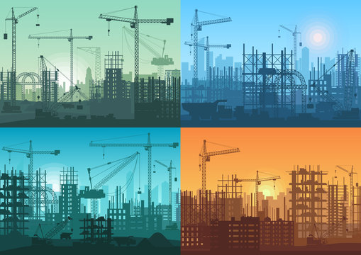Morning sunrise, sunset and day building constructions background set. Vector Industrial building process under construction.