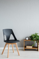 Elegant black wooden chair next to cabinet with clock and flowers in modern office interior, real...