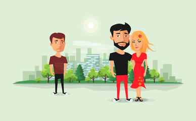 Sad jealous ex boyfriend looking at romantic couple. Past relationship concept. Ex-lover in love triangle. Beautiful couple with ex and urban city skyline background. Flat vector cartoon illustration.