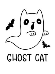An Outline Black And White Drawing Of A Spooky Halloween Ghost Cat With Bats