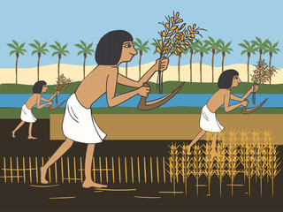 ancient egyptian peasants harvest on the Nile bank cartoon