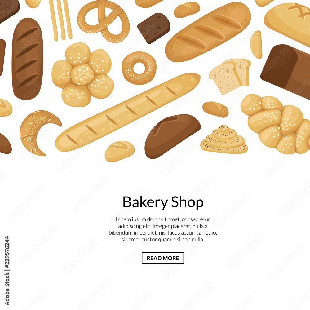 Poster vector cartoon bakery elements background with place for text illustration for bakery shop web banne