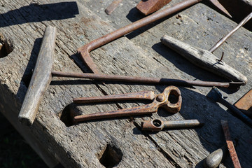 Set of old hand tools for carpenter and locksmith