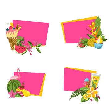 Vector flat cute summer elements, cocktails, flamingo, palm leaves stickers with place for text set illustration