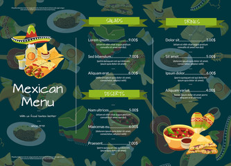 Vector cartoon mexican food cafe or restaurant menu template illustration. Food with price