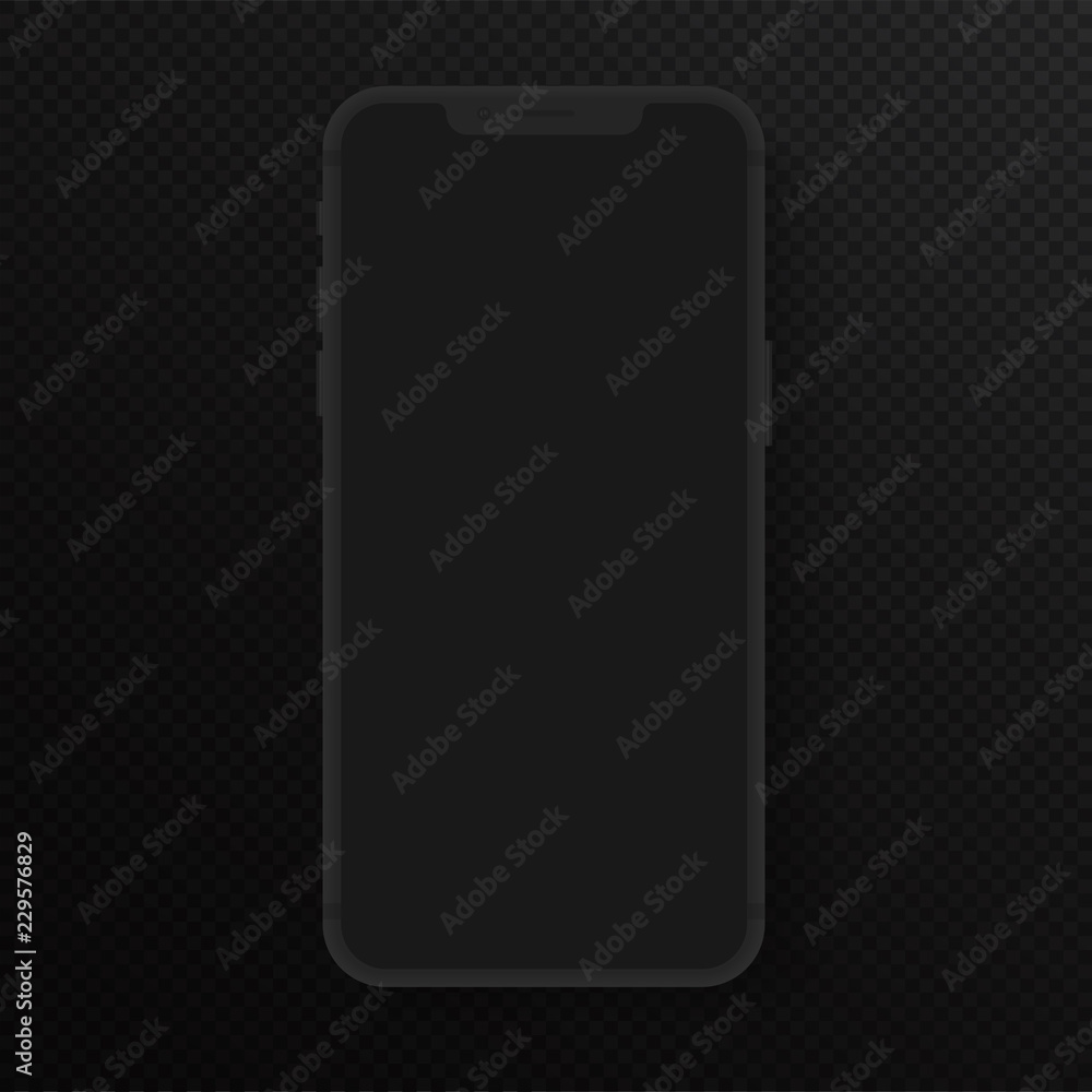 Poster Realistic totally black vector smartphone. High quality detailed 3d realistic phone template for inserting any UI interface test or presentation. Floating soft dark mock up with no frame display.