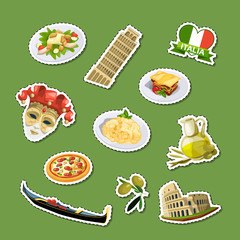 Vector cartoon italian cuisine elements stickers set illustration isolated on green background