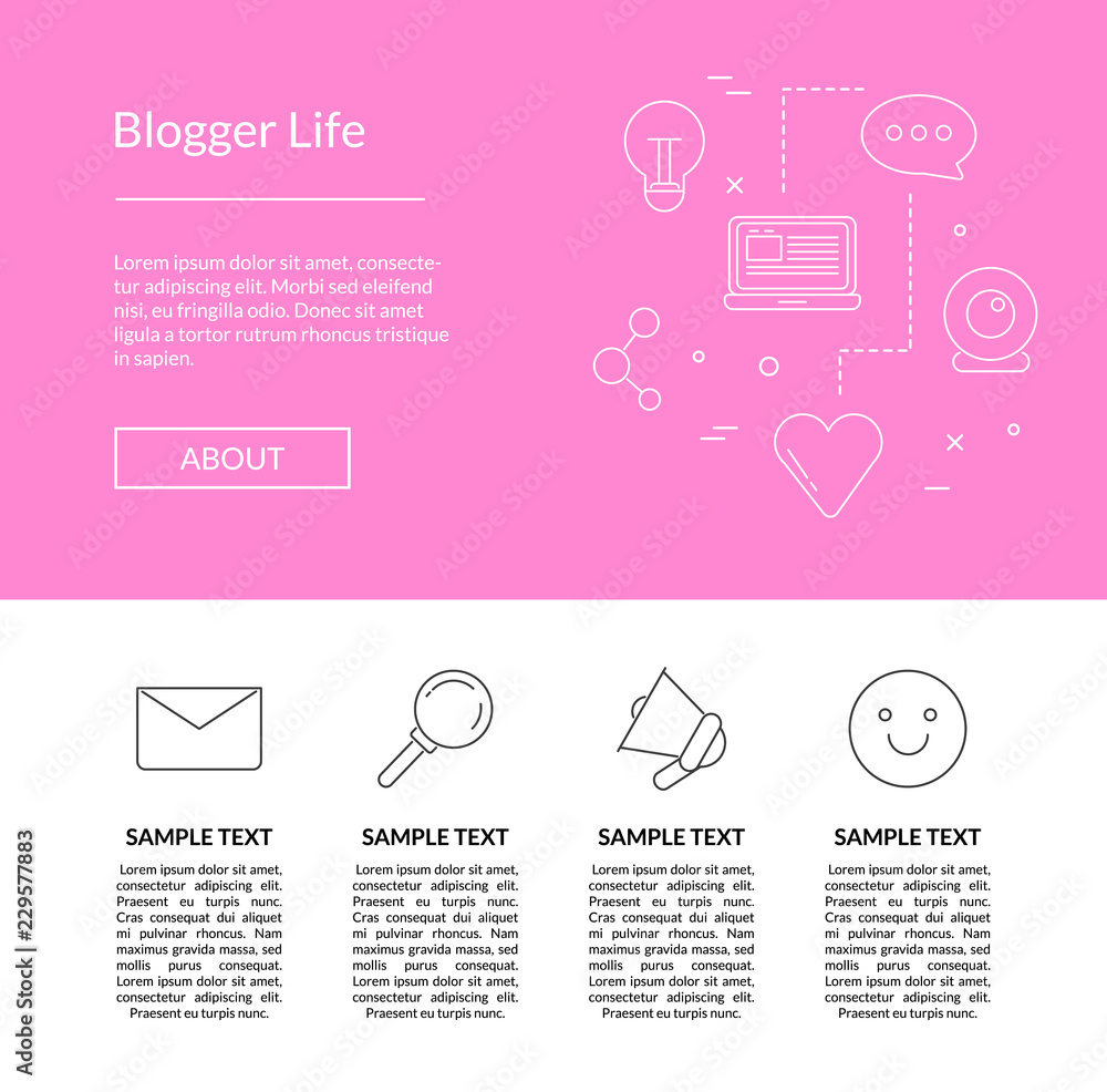 Aufkleber vector line blog icons landing page template illustration with content in linear style