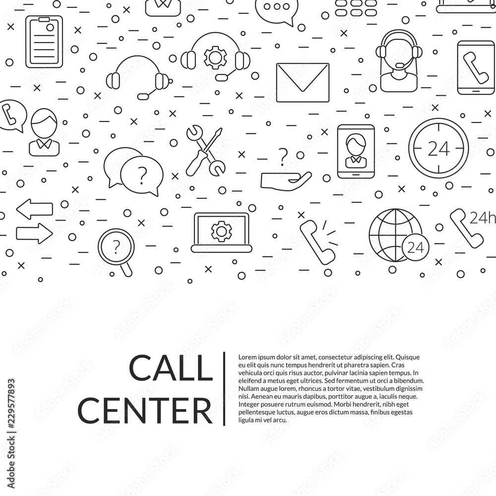 Poster vector line call support center icons background with place for text illustration