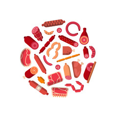 Fototapeta na wymiar Vector flat meat and sausages icons in circle shape illustration isolated on white