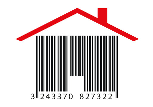 Concept immobilier, avec une maison en forme de code barre surmonté d'un toit rouge, symbole de l'achat d'un logement