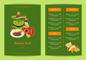 Vector cartoon mexican food cafe or restaurant menu template illustration