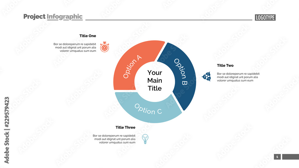 Poster pie chart with three elements. diagram, option graph, layout. business data. creative concept for in