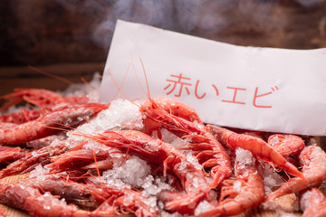 Fresh red Prawns ready to cook with ice