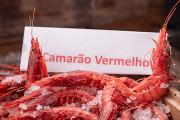 Fresh red Prawns ready to cook with ice