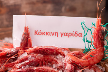 Fresh red Prawns ready to cook with ice